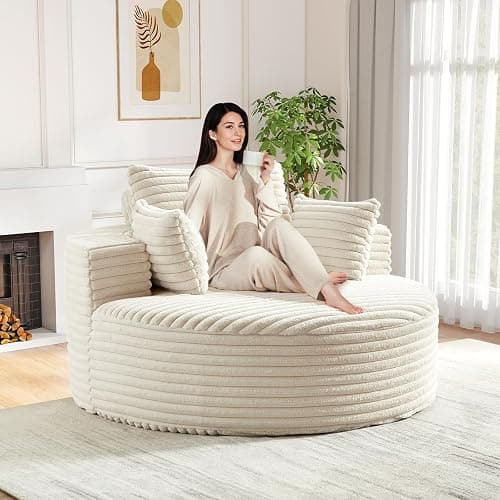 Oversized Round Chaise Longue Chair Indoor, Modern 55-inch Upholstered Corduroy Deep Seat Circle Single Cloud Lounge Floor Sofa Chair for Living Room, Bedroom Apartment, Beige - Image 1