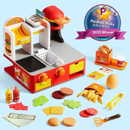 Play Kitchen Toddler Toy - 40+ PCS Fast Food Station with Potato Cutter, Simulated Frying Effect & Lights, Order & Drink Station - Pretend Play Food Toy Birthday Gift for Boys Girls thumbnail 9