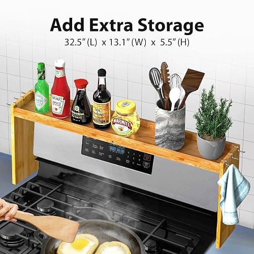 IIIOIIIA Bamboo Over The Stove Spice Shelf for Kitchen Storage, 31.5" Kitchen Spice Rack Organizer Stove Top Shelf with 6 Hooks, 11.4" Height Extra Storage Countertop, Easy to Assemble thumbnail 2