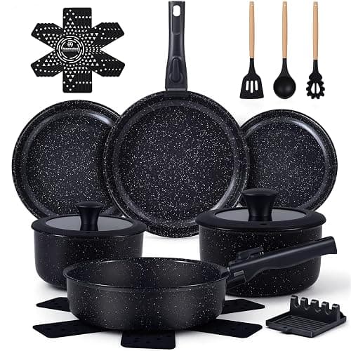 Ammeloo 21 Pcs Pots and Pans Set Non Stick, Ceramic Kitchen Cookware Set with Detachable Handle, Non Toxic Cooking Set for Kitchen, RV, Camping and Fridge, Induction Ready, Dishwasher/Oven Safe, Black - Image 1