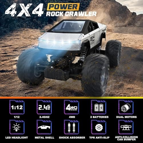 WIAORCHI 1:12 Scale RC Cars Remote Control Car, 4WD Off-Road Truck, Metal Shell LED Headlights Offroad Monster RC Truck, 4x4 All Terrain Hobby RC Cars Toys for Boys Kids Adults Gifts 8-12 thumbnail 6