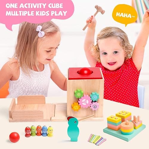 Montessori Jouet Bebe 1 an |9 en 1 Cube d'activités motrices dès 1 an |frapper la balle,Formes À Trier Empiler Jeu,Jouet de Récolte de Carottes,Jouet en Bois pour Cadeau Fille Garcon Bébés 2 3 4 Ans thumbnail 6