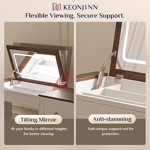 Keonjinn White Flip Top Vanity Desk with Mirror and Lights, 3 Drawers, Dimmable 3 LED Lighting Modes, Charging Station & Hairdryer Rack, 46" W Modern Farmhouse Makeup Dressing Table, NO Chair Included thumbnail 9