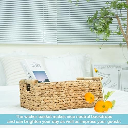 VATIMA Hyacinth Large Wicker Basket 15.5x10.8x6.2" - Rectangular, Wooden Handles, Shelf Organizer thumbnail 7