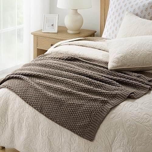 EVERGRACEHOME Chunky Chenille Knit Throw Blanket for Couch, Soft Luxurious Moss Stitch Blankets for Bed, Cozy Decorative Farmhouse Knitted Throws for Sofa, Mocha Brown, 60" x 80" thumbnail 6