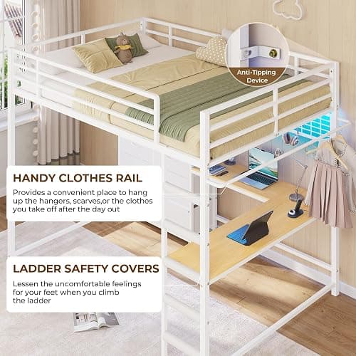 DICTAC Full Loft Bed with L-Shaped Desk and 7 Storage Drawers, Metal Full Size Loft Bed for Teen with LED Lights and Charging Station,13.11" H Safety Guardrail and Ladder,No Box Spring Needed, White thumbnail 8