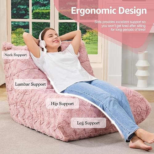 Bean Bag Chairs for Adults Giant Bean Bag Chair Memory Foam BeanBag Chair Bean Bag Sofa with Filler Faux Fur Fireside Beanbags Lazy Sofa for Living Room Bedroom Office (Pink Chevron, Single) thumbnail 5