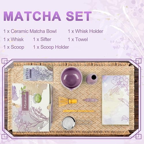 SEEYAURO Matcha Whisk Set––7pcs Japanese Matcha Set Kit with Matcha Bowl, Bamboo Whisk, Whisk Holder, Scoop, Towel&Sifter–Perfect for Matcha Lovers&Tea Ceremonies-Cherry Blossom Purple thumbnail 5