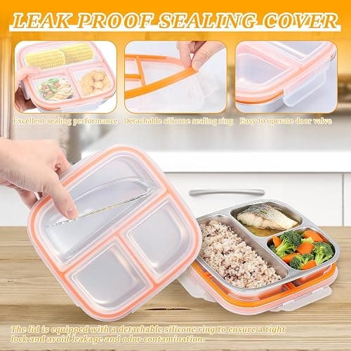 3 Stück Snackbox,Edelstahl Snack-Behälter mit 3 Fächern und Kunststoff-Deckel,17,5×17,5×5 cm,Stapelbar Lebensmittel Lagerung Brotzeit Behälter,Tragbare Snack-Platten für Schule,Arbeit und Reise thumbnail 4