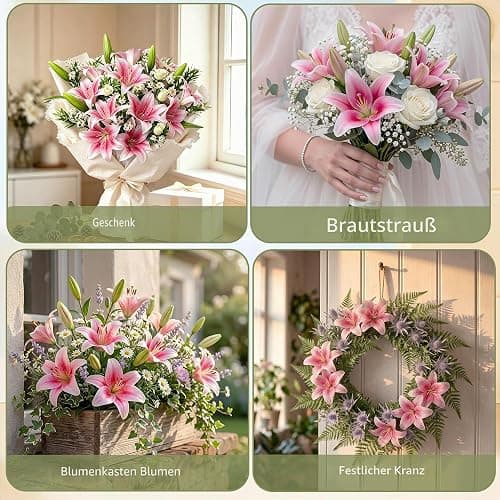 HNVNER 6 Bündel Kunstblumen Lilien, 3D-künstliche Lilien Blumen Rosa | 12 Blüten & 6 Knospen, rahtstiele biegbar, pollenfrei wasserdicht pflegeleicht lilien künstlich,für Hochzeit Home & Büro Deko thumbnail 7