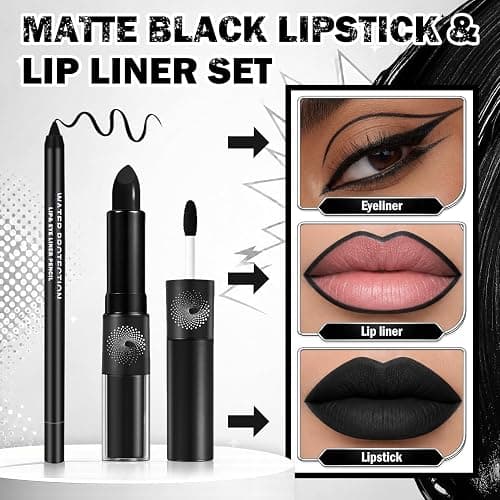 IONSGAKO Matte Black Lipstick and Lip Liner Set for Halloween Goth Makeup | Double-ended Matte Black Lip Gloss Non-Stick Cup Waterproof Long Lasting Smudge-Proof for Cosplay Gothic Lip Makeup thumbnail 2