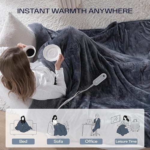 Ceamorfco Heated Blanket Throw, Electric Blanket Soft Sherpa Flannel, 8 Hours Auto Shut-off & 8 Fast Heating Levels, Machine Washable ETL Certified, Heating Blanket for Bed & Sofa (50x60 inches, Gray) thumbnail 7