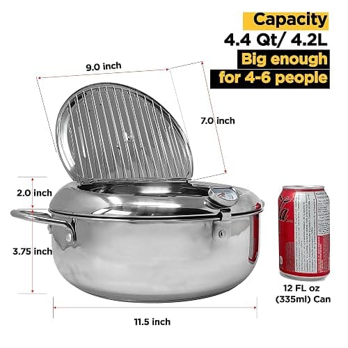 Saltlas Deep Fryer Pot (°F), 11"/4.4Qt (4.2 L) Extra Large Tempura Frying Pot with Lid, 304 Stainless Steel Fry Pot with Fahrenheit Thermometer and Oil Drip Drain Rack thumbnail 3