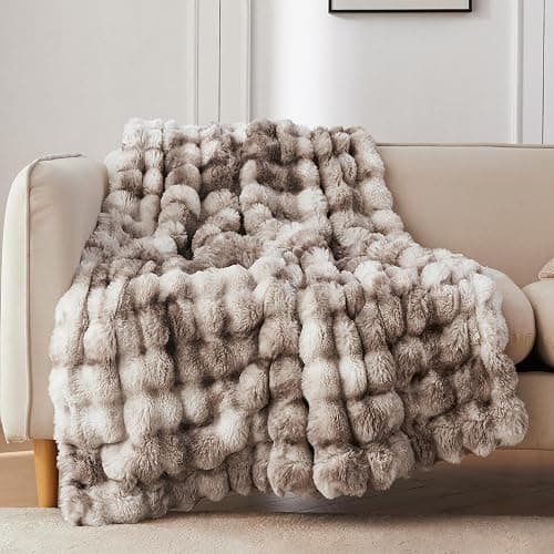 COOVA Faux Fur Throw Blanket for Couch, Cozy Soft and Fuzzy Plush Rabbit Fur Bubble Blanket for Sofa Bedroom Living Room, 50x60 Inches Tie Dye Brown - Image 1