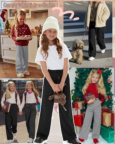 LessonZoo 3 Pack Girls' Sweatpants Wide Leg Drawstring Casual Kids Joggers Open Bottom Loose Solid Teen Pants with Pockets thumbnail 2