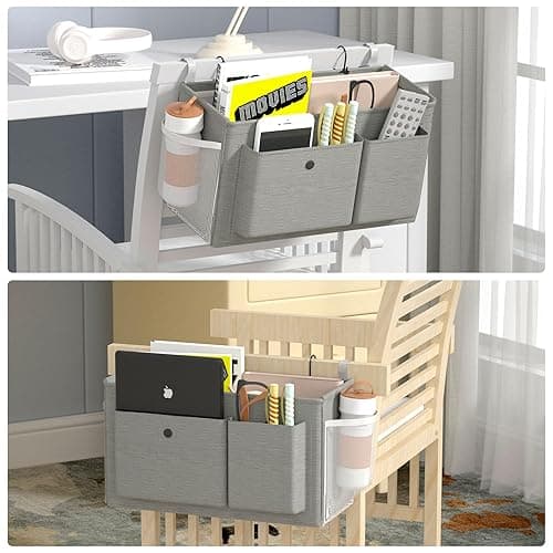 Edudif Bedside Caddy Bedside Organizer with Fixed Straps & Water Bottle Holder, Bunk Bed Caddy ideal for Home, Dorm, Hospital, Crib, Versatile Bedside Storage Solution (Grey) thumbnail 9