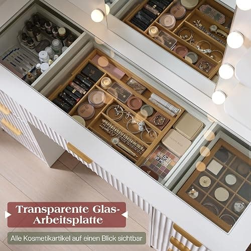 LUXOAK Schminktisch mit Spiegel & 10 LED-Lampen, Großer Frisiertisch mit Glasplatte & Steckdose, 7 Schubladen & Föhnhalterung, Moderner Kosmetiktisch für Schlafzimmer (Weiß, 120 x 39.8 x 136.4 cm) thumbnail 5
