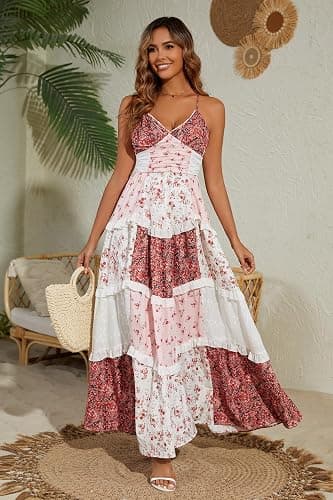 Women Floral Maxi Dress Spaghetti Straps V Neck Lace Patchwork Flowy Tiered Boho Beach Sundress Long Dresses thumbnail 3