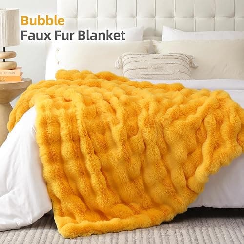 Smoofy Faux Fur Throw for Couch - Mustard Yellow Bubble Blanket 50"x60" | Fluffy Plush Fuzzy Throw for Sofa & Bed, Super Soft Cozy Comfort Blanket, Luxury Aesthetic Yellow Decor Gift for Women thumbnail 2