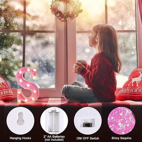 Foaky Pink Light up Letters，Pink Party Decorations,Girls Room Decor,Glitter Light Up Letters,Alphabet Letter Sign for Night Light Birthday Party Girls Gifts, Home Bar Decoration（J） thumbnail 5