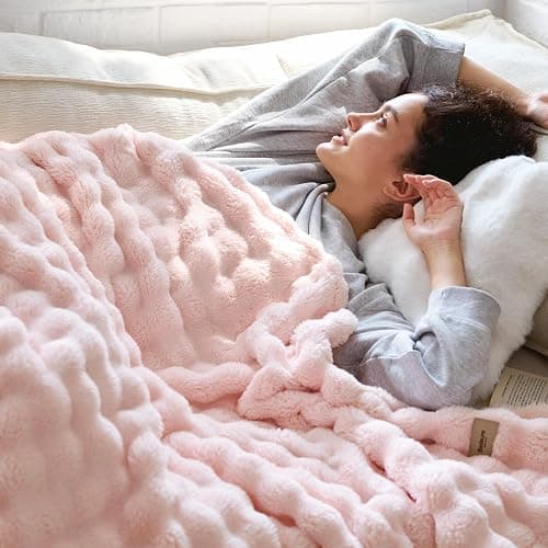 Bedsure 3D Fleece Bubble Blanket for Couch - GentleSoft Pink Throw Mother's Day Blanket for Sofa Bed Room Decor - Luxury Soft Cozy Spring Gifts for Kids Girls, Lightweight, Crystal Pink, 50"×60" thumbnail 9