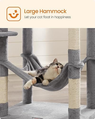 Feandrea Cat Tree, 73.2-Inch Tall Cat Tower, Plush Multi-Level Condo with 5 Scratching Posts, 2 Perches, 2 Caves, Hammock, 2 Pompoms, Light Gray UPCT191W01 thumbnail 7