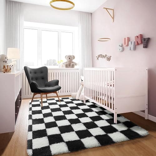 KICMOR Area Rugs for Bedroom Living Room, 4x6 Black and White Fluffy Soft Checkered Rug Fuzzy Shag Shaggy Carpet, Indoor Plush Floor Rugs for Kids Boys Girls Teen Dorm Nursery Home Decor Aesthetic thumbnail 5