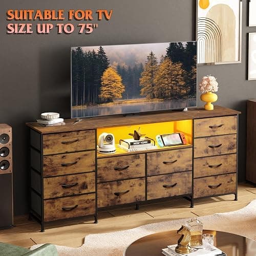 WLIVE 12 Drawer Dresser for Bedroom, Dresser TV Stand for 65, 70, 75 inch TV with Led Lights & Charging Station, Wide Chest of Drawers with Open Shelves, Fabric Dressers for Living Room, Rustic Brown thumbnail 3