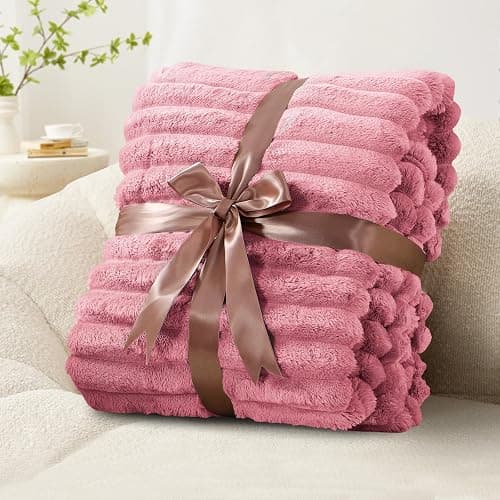 RUIKASI Fleece Throw Blanket for Sofa - Single Fluffy Pink Throws for Sofas Large, Soft Warm Blanket Throw for Couch, Luxury Decorative Ribbed Bed Blanket 130x150cm thumbnail 8