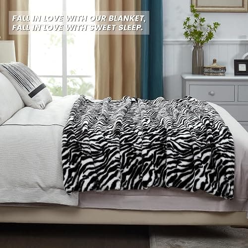 DREAMNINE Soft Cozy Plush Fuzzy Zebra Faux Rabbit Fur Throw Blanket 50" x 60", Double Sided Thick Warm Shaagy Fluffy Blankets for Winter, Cute Comfy Shag Animal Blanket for Women Kids, White and Black thumbnail 4