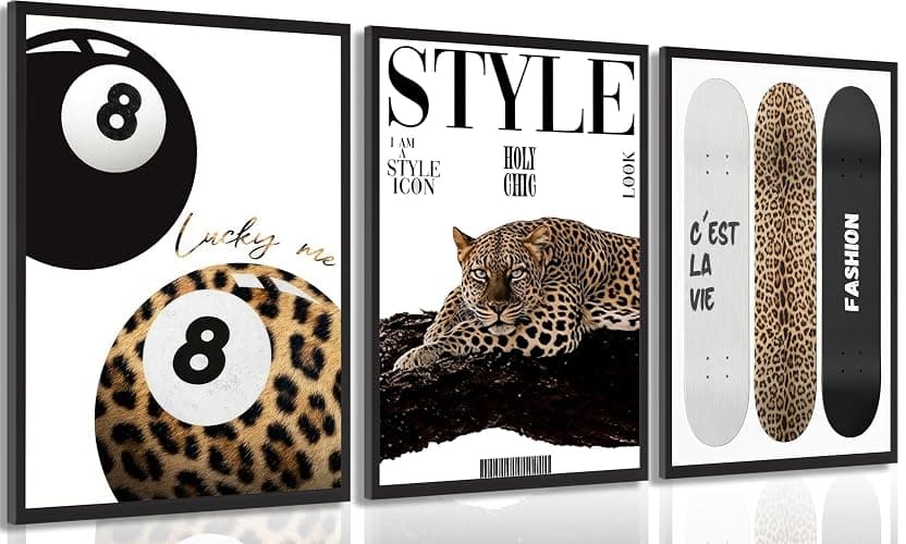 3Pcs Trendy Leopard Wall Art Preppy Aesthetic Stylish Leopard Painting Picture Wall Decor Funky Lucky 8 Ball Cheetah Poster Print Artwork for Bedroom Living Room Bathroom Home Decoration Unframed - Image 1