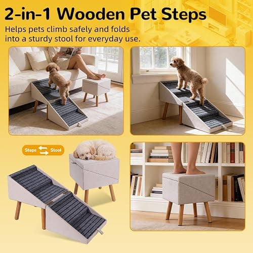 Dog Stairs for Small Dogs, 2-in-1 Foldable Pet Ramp and Ottoman, 17.13" H | Non-slip carpeted steps, solid wood support, gentle incline for couches, and a foldable ottoman design for compact storage. thumbnail 5