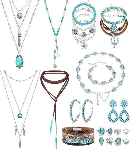 FEYIR Bohemian Turquoise Jewelry Set for Women Boho Turquoise Layered Necklace Bracelet Western Belt Stackable Ring Earrings Western Jewelry Accessories - Image 1