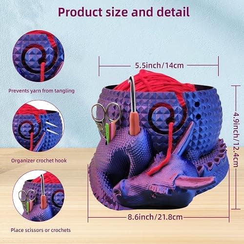 Fantasy Dragon and Egg Large Yarn Bowl for Crocheting Funny,Crochet Bowls for Yarn,Yarn Bowl for Knitting,Yarn Holder for Crocheting,Perfect Gifts for the Knitter,8.66inch×7.09inch×4.92inch(Purple) thumbnail 3
