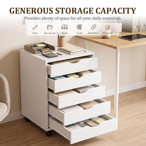 5 Drawer Rolling Storage Cabinet, Mobile File Cabinet for Office, White | Rolling Storage Cabinet with 5 Drawers for Desk Drawer Organization, Home Office Storage and Printer Stand thumbnail 5