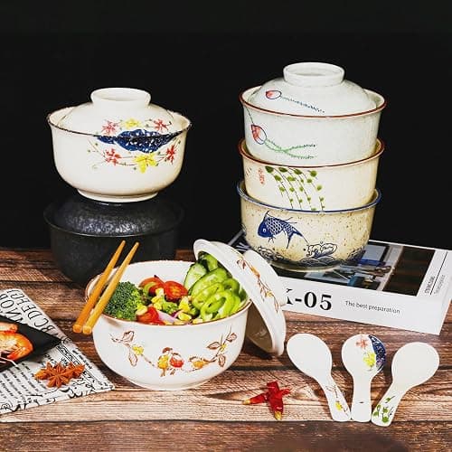 Ceraozmus Ceramic Ramen Bowl Set, 800ml, with Lid, Spoon and Chopsticks, Japanese Vintage Large Soup Bowls Instant Noodle Bowl Asian Tableware (Fish*1) thumbnail 8