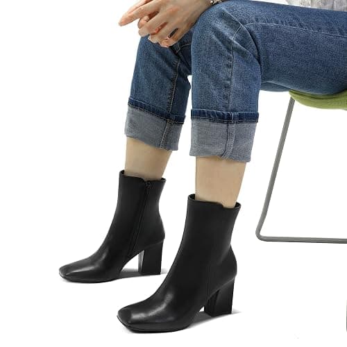 mysoft Women's Ankle Boots Square Toe Side Zipper GoGo Boots Chunky Block Heel Mid Calf Low Heeled Short Booties thumbnail 2