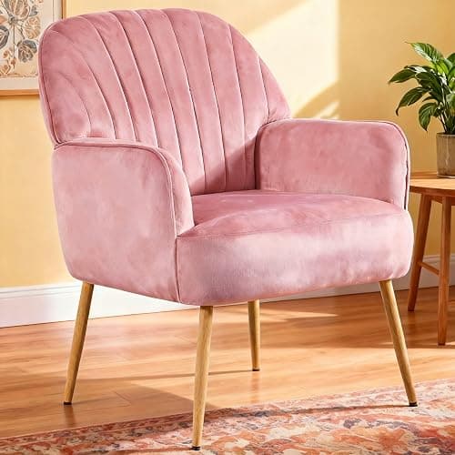 E-Motie Velvet Accent Chair, Modern Upholstered Single Sofa Side Living Room Chair, Comfy Barrel Reading Armchair with Metal Legs for Bedroom, Waiting Room, Office and Cafe, Pink - Image 1