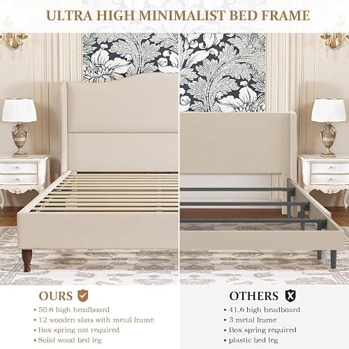 koorlian King Size Bed Frame Upholstered Platform Bed with 51" Tall Headboard Wingback, Soft Fabric, Retro Simple Style Platform Bed No Box Spring Needed, Easy Assembly, Beige thumbnail 9