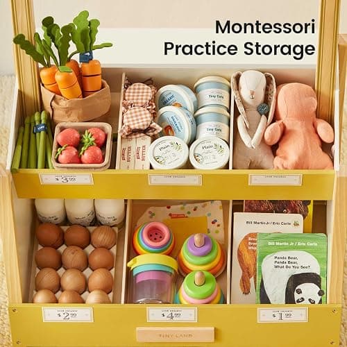 Tiny Land Wooden Play Store Pretend Grocery Store Role Play Toy | Pretend Farmers Market & Coffee Shop with Cash Register, DIY Price Tags, Chalkboard for Toddlers thumbnail 9