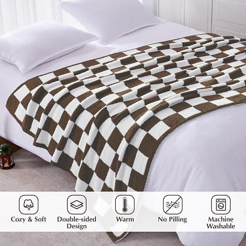 WRENSONGE Checkered Throw Blanket, Coffee Soft Cozy Fluffy Warm Hand Made Throw Blankets for Couch, Sofa, Chair, Bed, Camping, Picnic, Travel Lightweight Bed Blanket - 50"*70" thumbnail 3