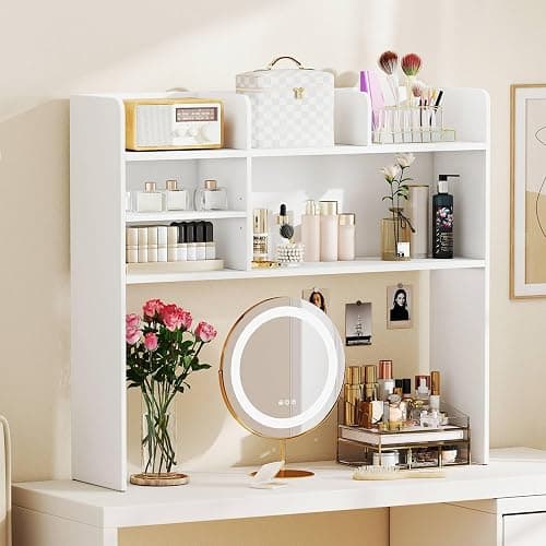 Tangkula Desktop Bookshelf for Computer Up to 32”, 37” Countertop Storage Hutch with 6 Storage Shelves, 3-Tier Desktop Organizer Display Rack, Wooden Desk Hutch for Dorm Home Office (White) thumbnail 5