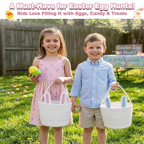 BEIYANA Easter Basket for Kids, Cute Bunny Easter Basket with Removable Ears & Writable Name Tag, Personalized Cotton Rope Woven Empty Easter Basket, First Easter Gift for Toddlers Boys Girls (Pink) thumbnail 2
