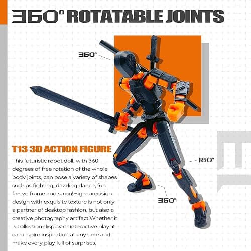 Uodofy (Assembly Completed) T13 3D Action Figure Set,Dummy Robo Titan 13 Action Figures,3D Printed Multi-Jointed Toy (Black + Orange) thumbnail 5