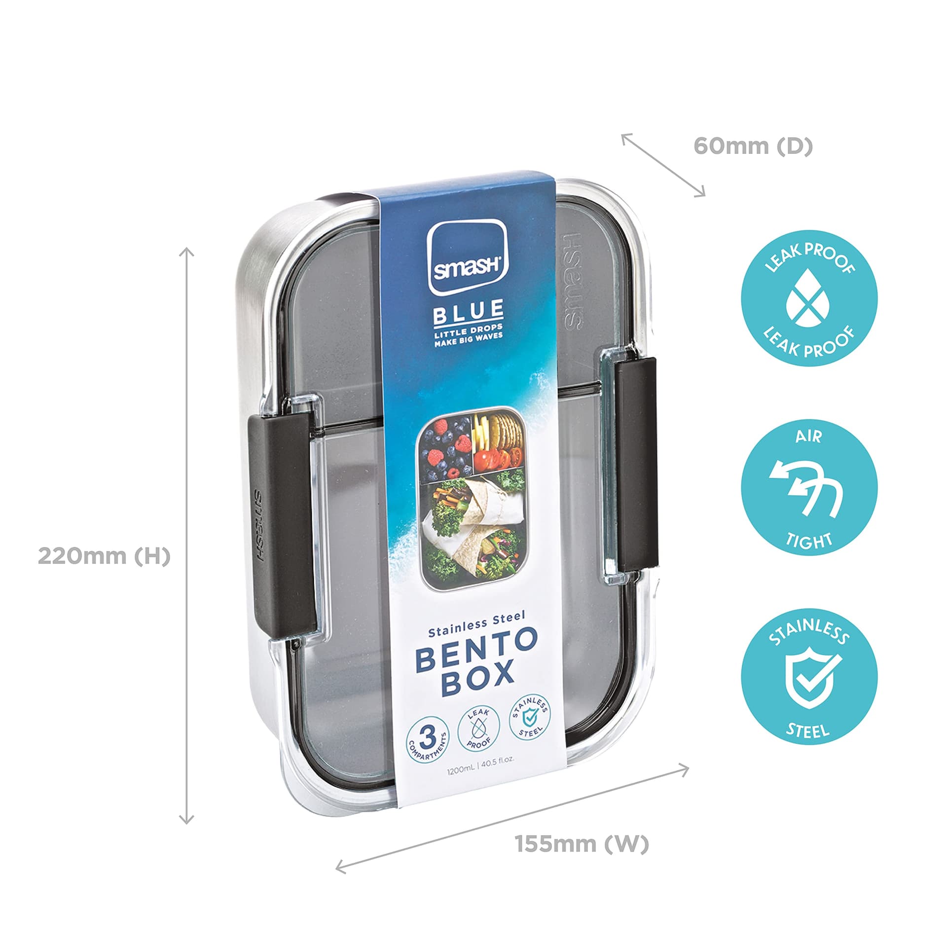 Smash Microwave Safe Stainless Steel Bento Lunch Box, 3 Compartments, Black, 1300ml thumbnail 3