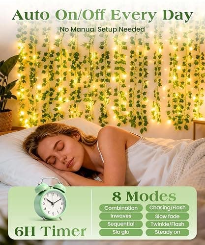 KASZOO 84Ft 12-Pack Artificial Ivy Garland, Fake Hanging Ivy Vines with 80 LED Battery-Operated String Lights and Remote Control for Bedroom, Wall, Wedding, Party and Garden Decor, Green thumbnail 2