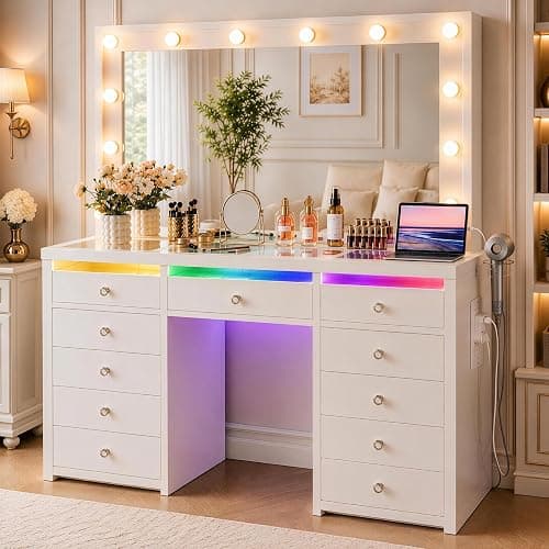 IFSEB Makeup Vanity Desk with LED Lights and Large 36.9’’ Mirror 11 Drawers | Vanity with RGB Glass Top & 3 Color Hollywood Bulbs, Make Up Vanity with Charging Station & Crystal Knobs, White - Image 1
