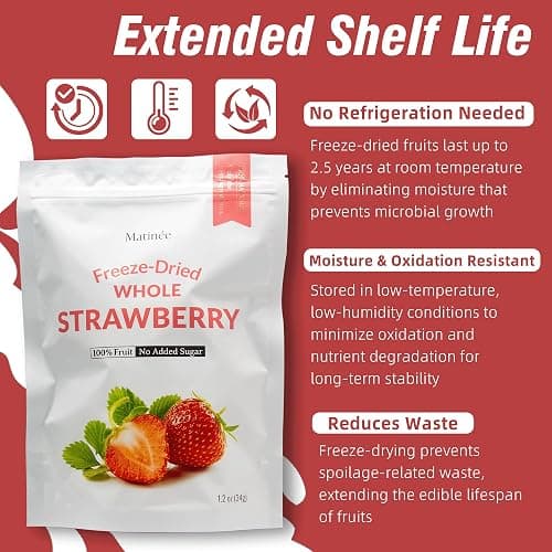 MATINÉE Freeze Dried Strawberries, Whole Dried Strawberries, Dehydrated Fruit, Dried Fruit Snack for Baking, Yogurt & Kids Treats-Vegan, Non-GMO, Preservative Free, 1.2oz, 34g (Pack of 4 Bag) thumbnail 4