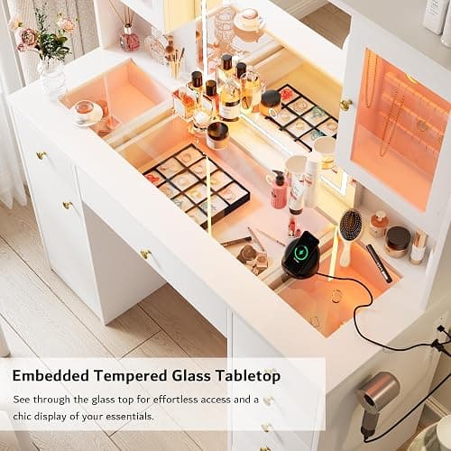 iPormis Vanity Desk with Mirror and Lights, Glass Top Makeup Vanity with RGB Light and Power Outlet, Dressing Table Mirror with 3 Lighting Colors, 7 Drawers, 3 Cabinets, White Vanity for Bedroom thumbnail 4