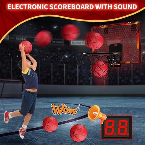 HYES Remote Control Basketball Hoop Indoor with 7 LED Lighting, Mini Basketball Hoop with Electronic Scoreboard, 3 Modes, Over Door Basketball Hoop, Basketball Toys Sport Gifts for Kids, Adults (red) thumbnail 4